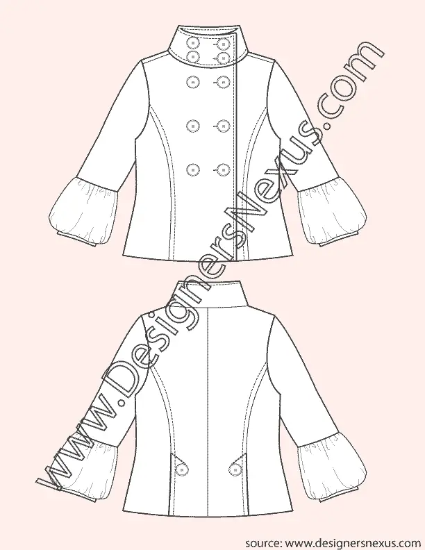 001 Fashion Flat Sketch of a women's, double breasted jacket.