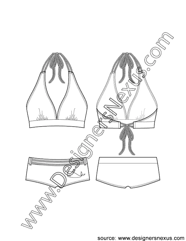 001Fashion Flat Sketch of a women's, boy shorts, halter top swimsuit set.