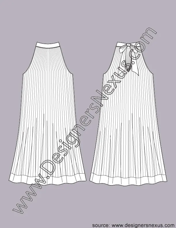 001 Fashion Flat Sketch of a women's, accordion pleats halter dress.