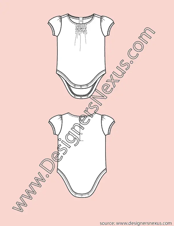 001Fashion Flat Sketch of a babies, short sleeves, onesie with smocking at crew neckline.