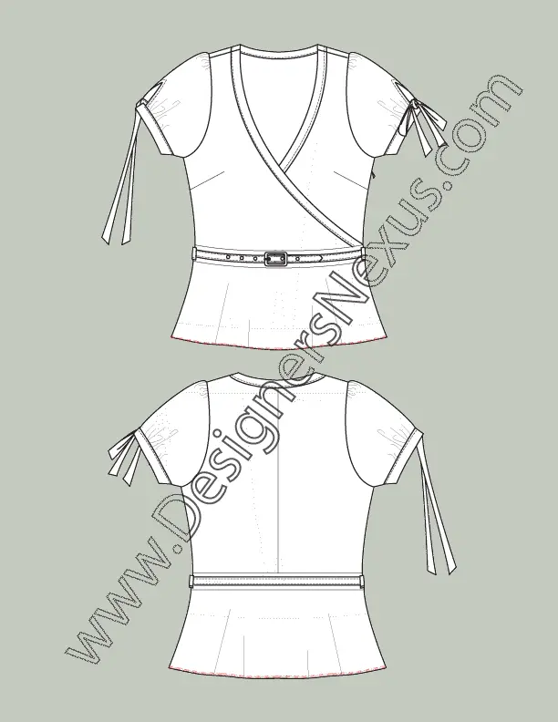 001Fashion Flat Sketch of a women's, surplice, belted top with short puff sleeves.