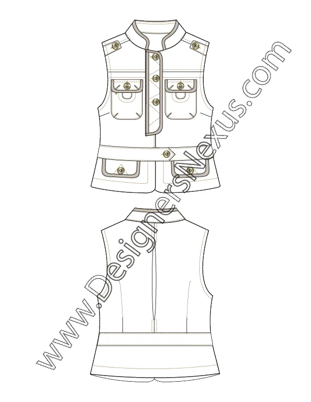 001Fashion Flat Sketch of a women's, collar stand, half placket, sleeveless top with contrast binding.