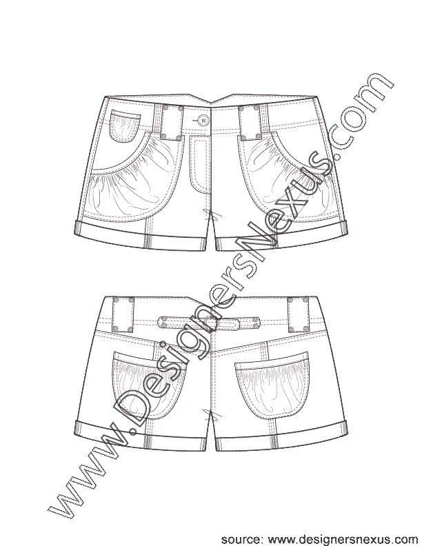 001Fashion Flat Sketch of a women's, pouch pockets, low waist, cuffed shorts.