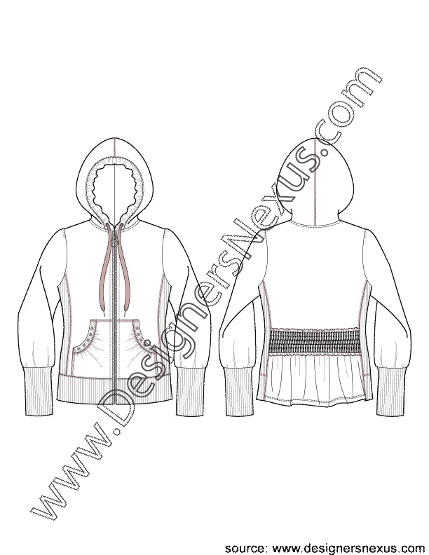001Fashion Flat Sketch of a women's, smocked back, zip-up hoodie jacket.
