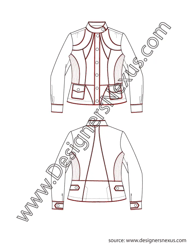 001Fashion Flat Sketch of a women's, peplum, button down blazer with contrast piping.