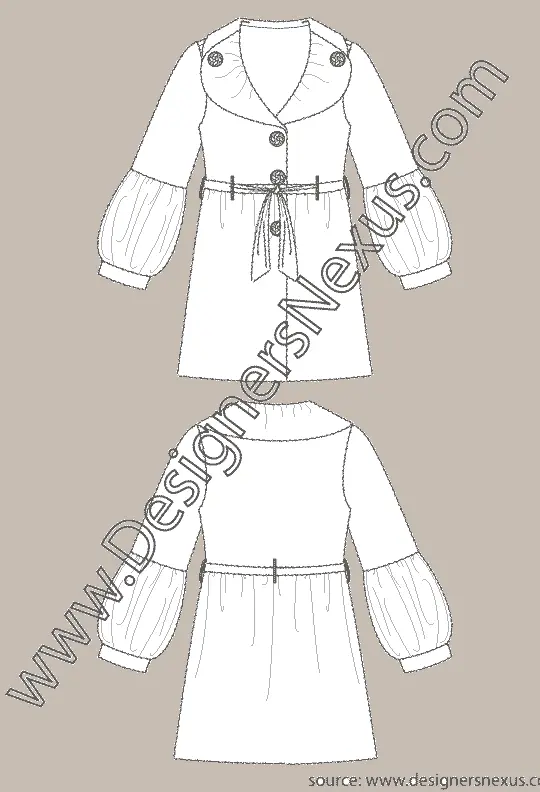 002 Fashion Flat Sketch of a women's, button-down, rounded shape lapels, coat with tied at the front sash belt.