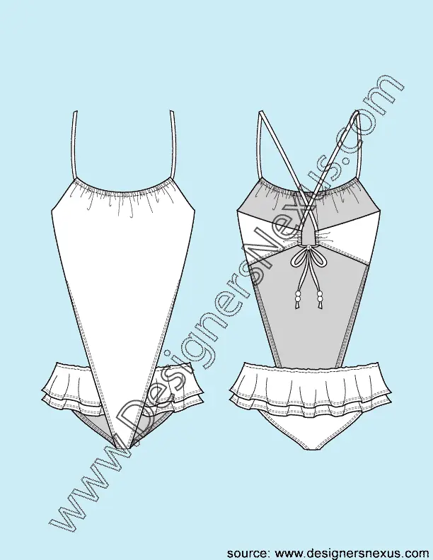 002 Fashion Flat Sketch of a women's, ruffled skirt, V-shape monokini swimsuit.