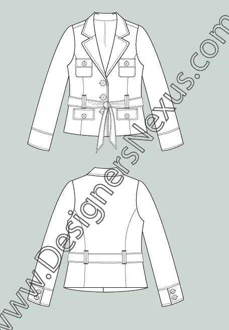 002 Fashion Flat Sketch of a women's, flap pockets, relaxed fit, belted blazer.