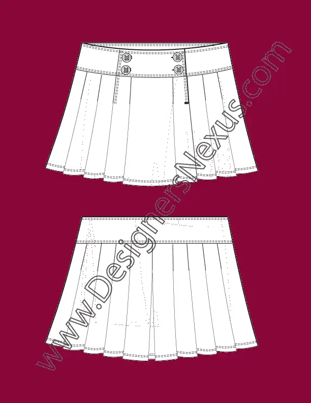 002 Fashion Flat Sketch of a women's, pleated tennis skirt.