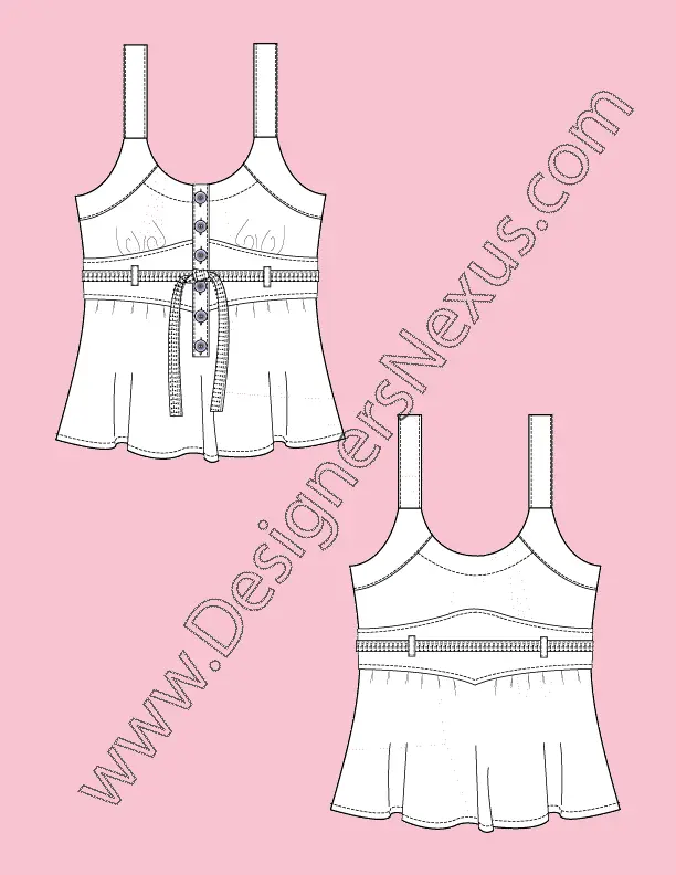 002 Fashion Flat Sketch of a women's, shoulder strap, button-up half placket, top with sash belt.