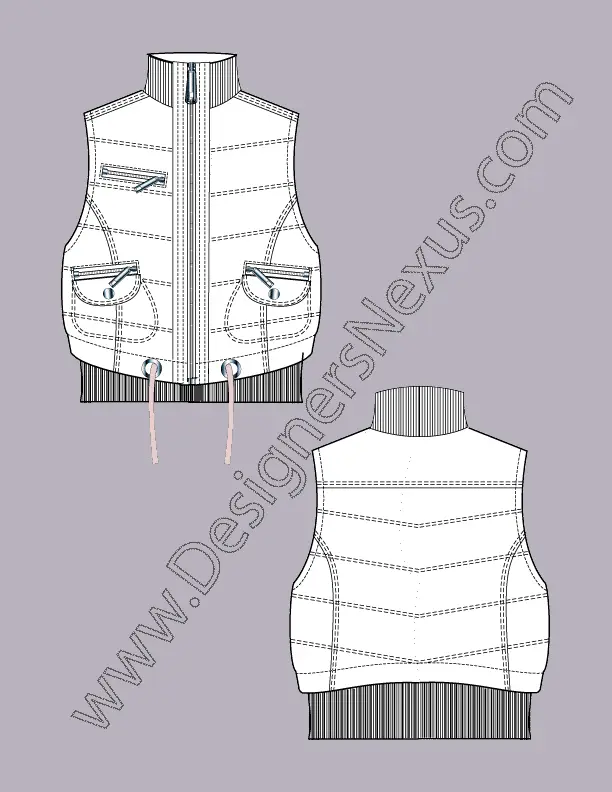 002 Fashion Flat Sketch of a women's, mock neck, sleeveless puffer jacket (vest) with bottom draw string.