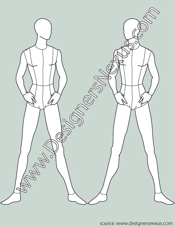 Wide stance, Men's fashion croqui template with garment style lines (007) - group 14