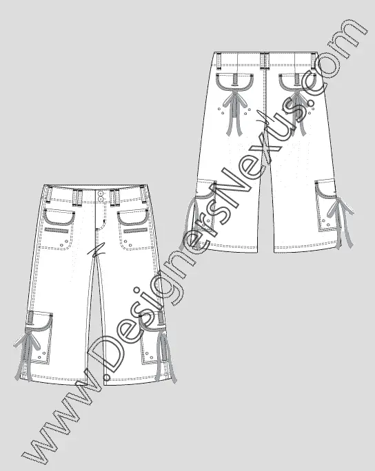 002 Fashion Flat Sketch of a women's, wide leg capri, cargo pants with contrast trim.
