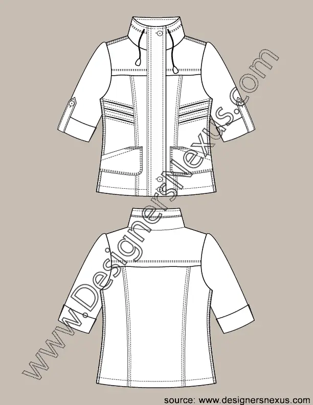 002 Fashion Flat Sketch of a women's, funnel neck, rolled up sleeves jacket.