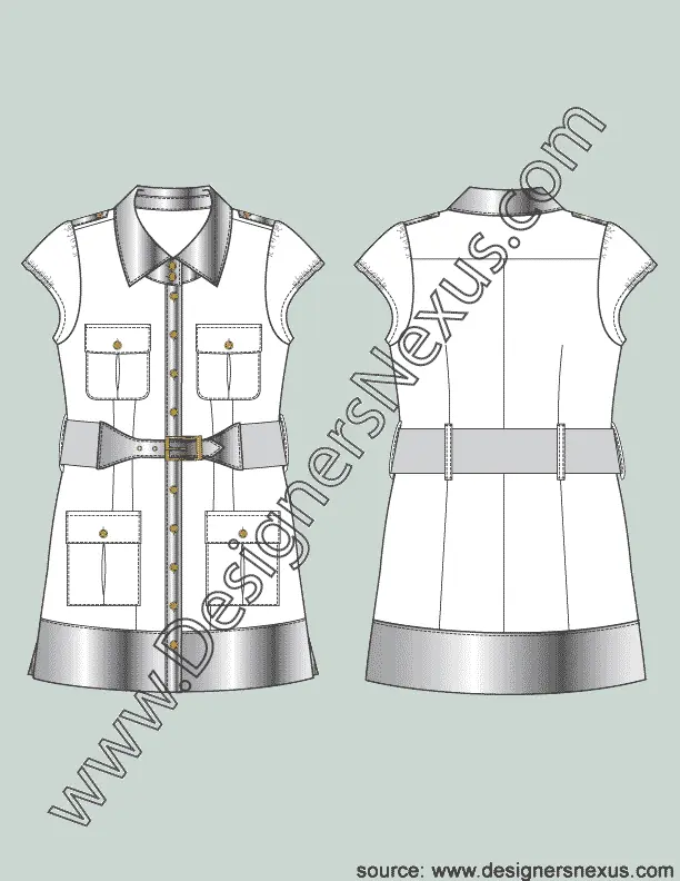 002 Fashion Flat Sketch of a women's, safari style, belted, shirt dress