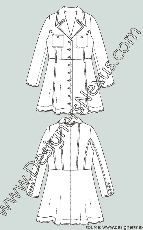 003 Fashion Flat Sketch of a women's, flared bottom coat with two chest pockets.