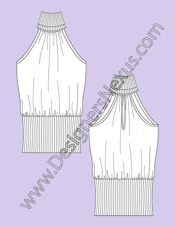 003 Fashion Flat Sketch of a women's, turtle neck halter top with rib finish cinched bottom.