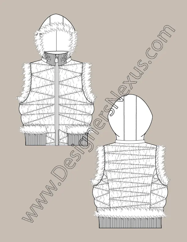 003 Fashion Flat Sketch of a women's, fur trim, sleeveless hooie (vest)