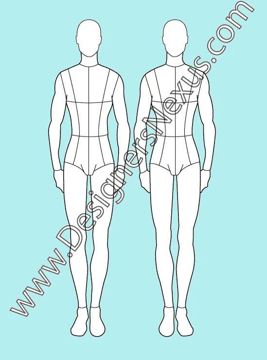 Front view Men's fashion croqui template with garment style lines (003) - group 14