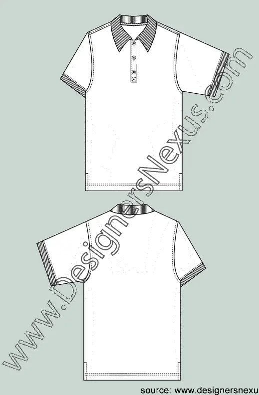 003 Fashion Flat Sketch of a men's, short sleeves, rib collar, polo shirt.