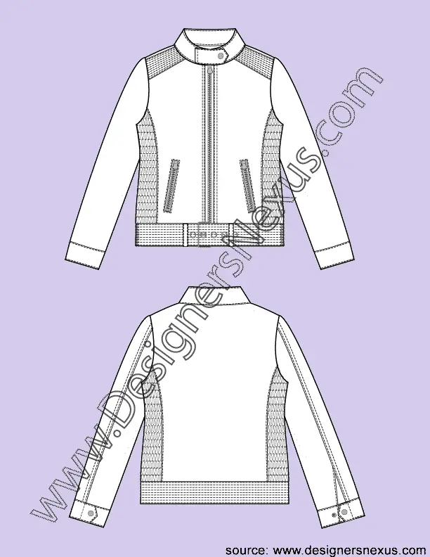 003 Fashion Flat Sketch of a women's, smocked side panels, zip-up racer jacket with collar stand.
