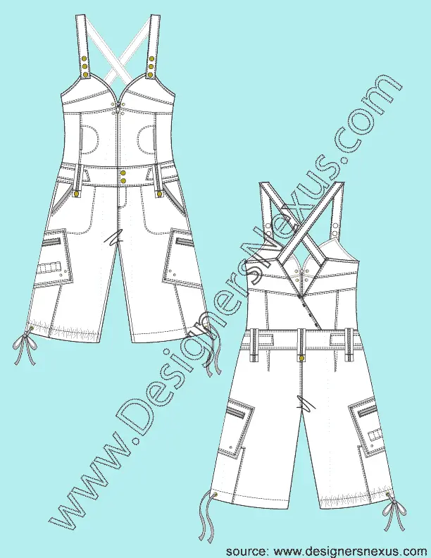 003 Fashion Flat Sketch of a women's, bermuda length bottom, shoulder strap overall.