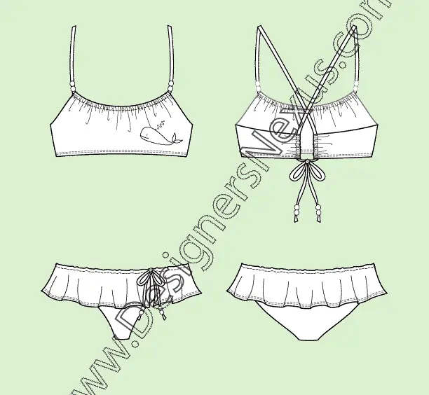 003 Fashion Flat Sketch of a women's, ruffled skirt bottom swimwear set.