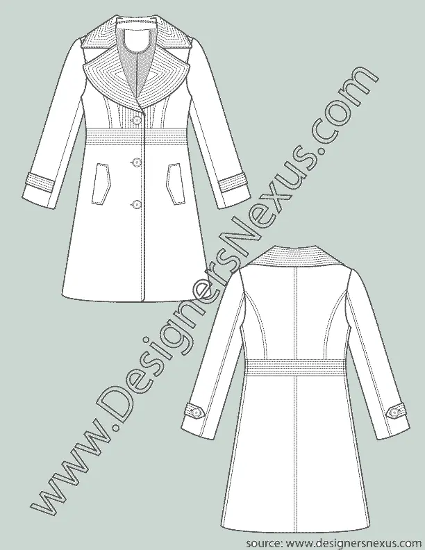 004 Fashion Flat Sketch of a women's, large trapunto collar and lapels coat.