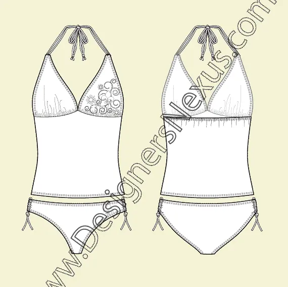 004 Fashion Flat Sketch of a women's, halter neckline tankini set.