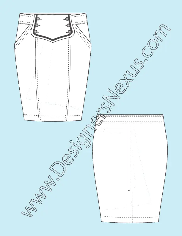 004 Fashion Flat Sketch of a women's, sailor closure, pencil skirt.
