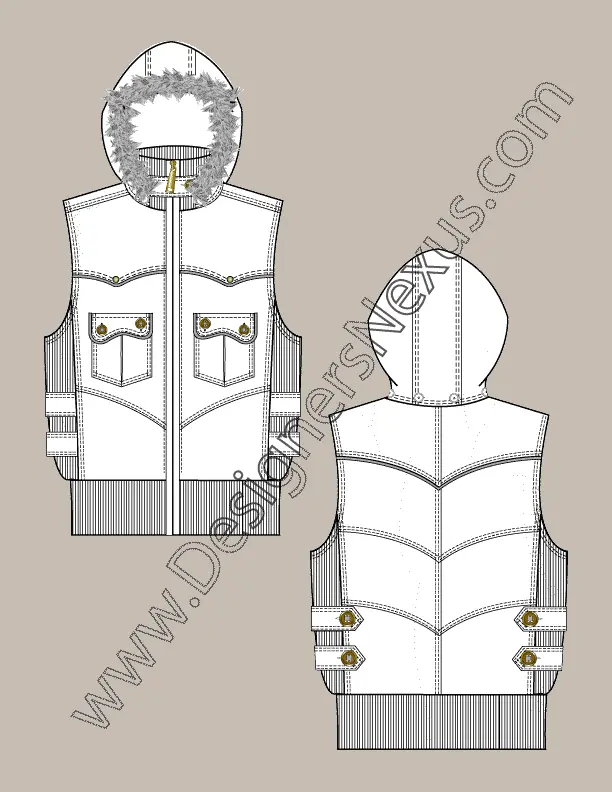 004 Fashion Flat Sketch of a women's, sleeveless hoodie jacket (vest) with rib inserts, bottom and mock collar.