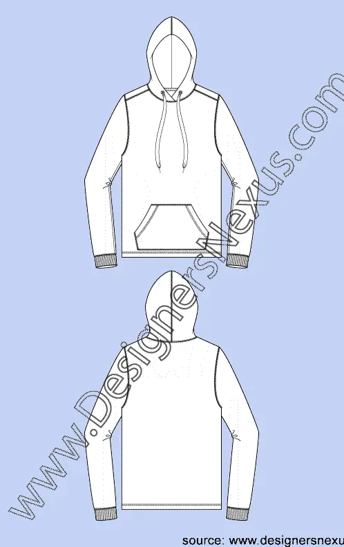 004 Fashion Flat Sketch of a men's, hooded sweatshirt.