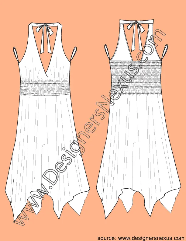 004 Fashion Flat Sketch of a women's, handkerchief hemline, halter dress.