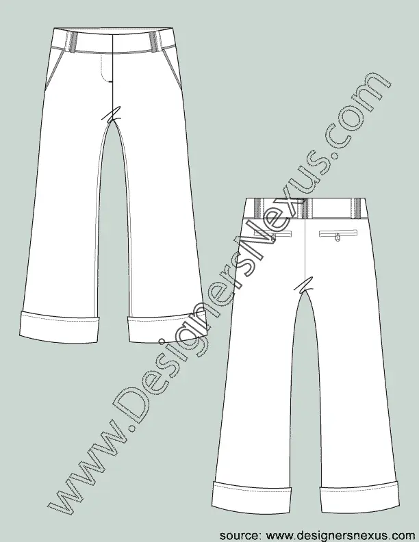 004 Fashion Flat Sketch of a women's, cuffed, wide leg, dress pants