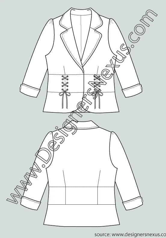 004 Fashion Flat Sketch of a women's, laced front, 3/4 cuffed sleeves blazer.