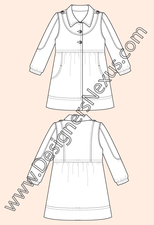 005 Fashion Flat Sketch of a women's, rounded front yoke and sleeve inserts coat.