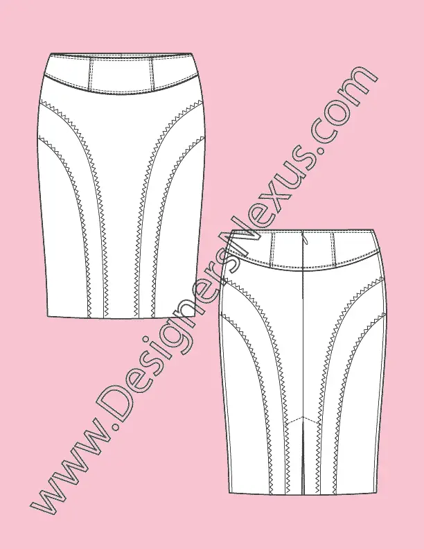 005 Fashion Flat Sketch of a women's, round yoke pencil skirt with princess style lines.