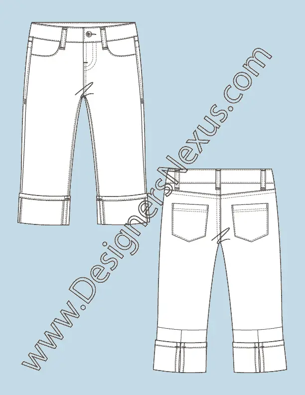 005 Fashion Flat Sketch of a women's, rolled up, capri pants.