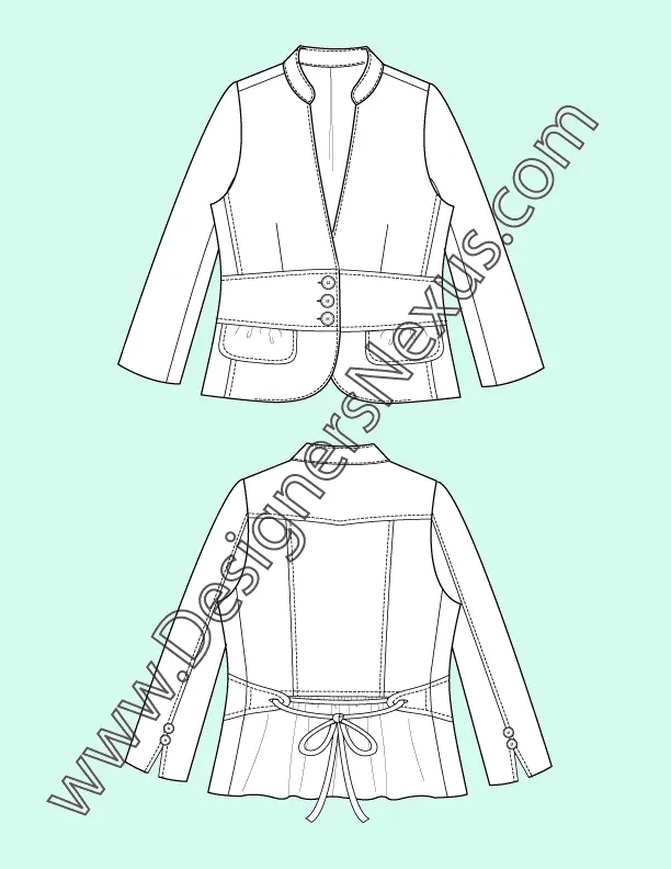 005 Fashion Flat Sketch of a women's, split neck, tied at the back cummerbund jacket.