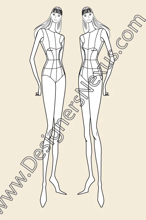 (005) 3/4 view, women's fashion croqui template with garment style lines - group 15