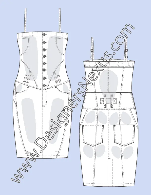005 Fashion Flat Sketch of a women's, spaghetti straps, button up half placket, denim dress.