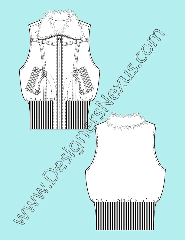 005 Fashion Flat Sketch of a women's, sleeveless puffer (vest) with fur collar.