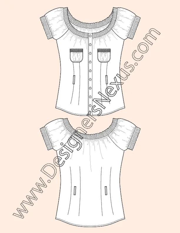005 Fashion Flat Sketch of a women's, peasant neckline fitted top with smocked chest pockets.
