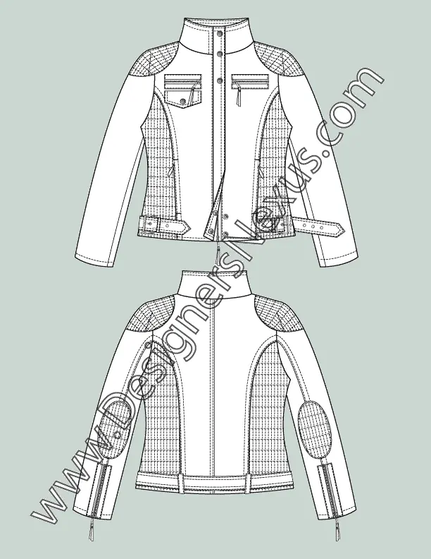 005 Fashion Flat Sketch of a women's, stitched side panels and shoulder patches, moto jacket.