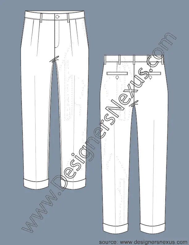005 Fashion Flat Sketch of a men's, pleated front, cuffed leg, dress pants.