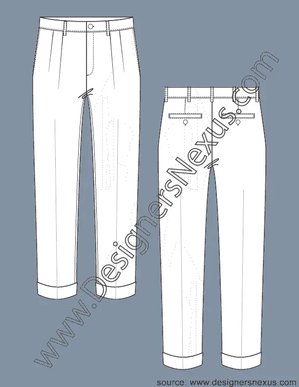 005 mens pleated dress pants cuffed hem flat sketch FashionDesign411