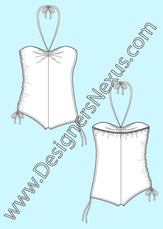 005 Fashion Flat Sketch of a women's, draw string sides one piece swimsuit.