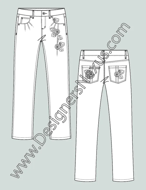 006 Fashion Flat Sketch of a women's, embellished, 5 pockets, straight jeans.