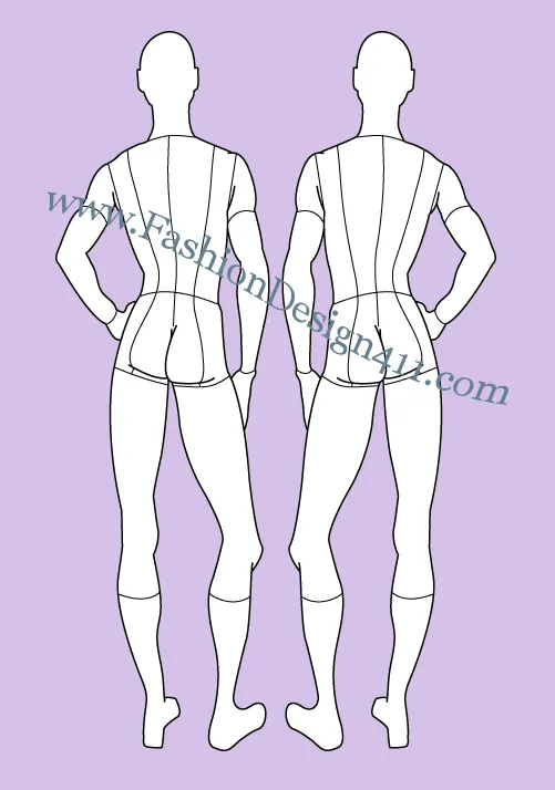 Back view Men's fashion croqui template with garment style lines (006) - group 14
