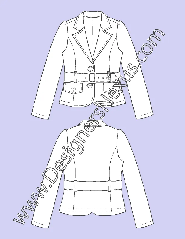 006 Fashion Flat Sketch of a women's, belted, 3-button blazer with bottom flap pockets